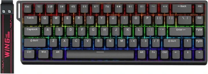 Angled view of the AULA WIN68 HE 60% mechanical gaming keyboard with RGB lighting and a side strap.