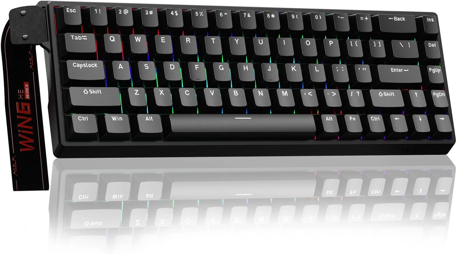 Top-down view of the AULA WIN68 HE compact gaming keyboard showcasing its RGB backlighting and key layout.