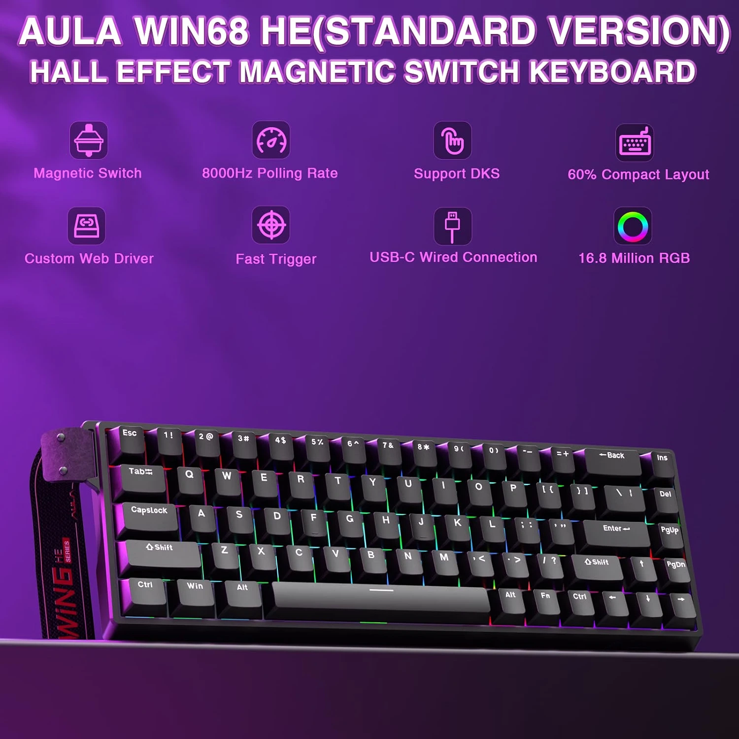 AULA WIN68 HE Standard Version features overview including Hall Effect Magnetic Switch, 8000Hz polling rate, and Rapid Trigger.