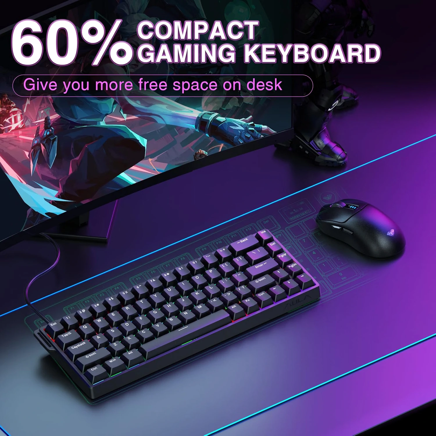 60% compact gaming keyboard setup on a desk, showing its space-saving design next to a gaming mouse.