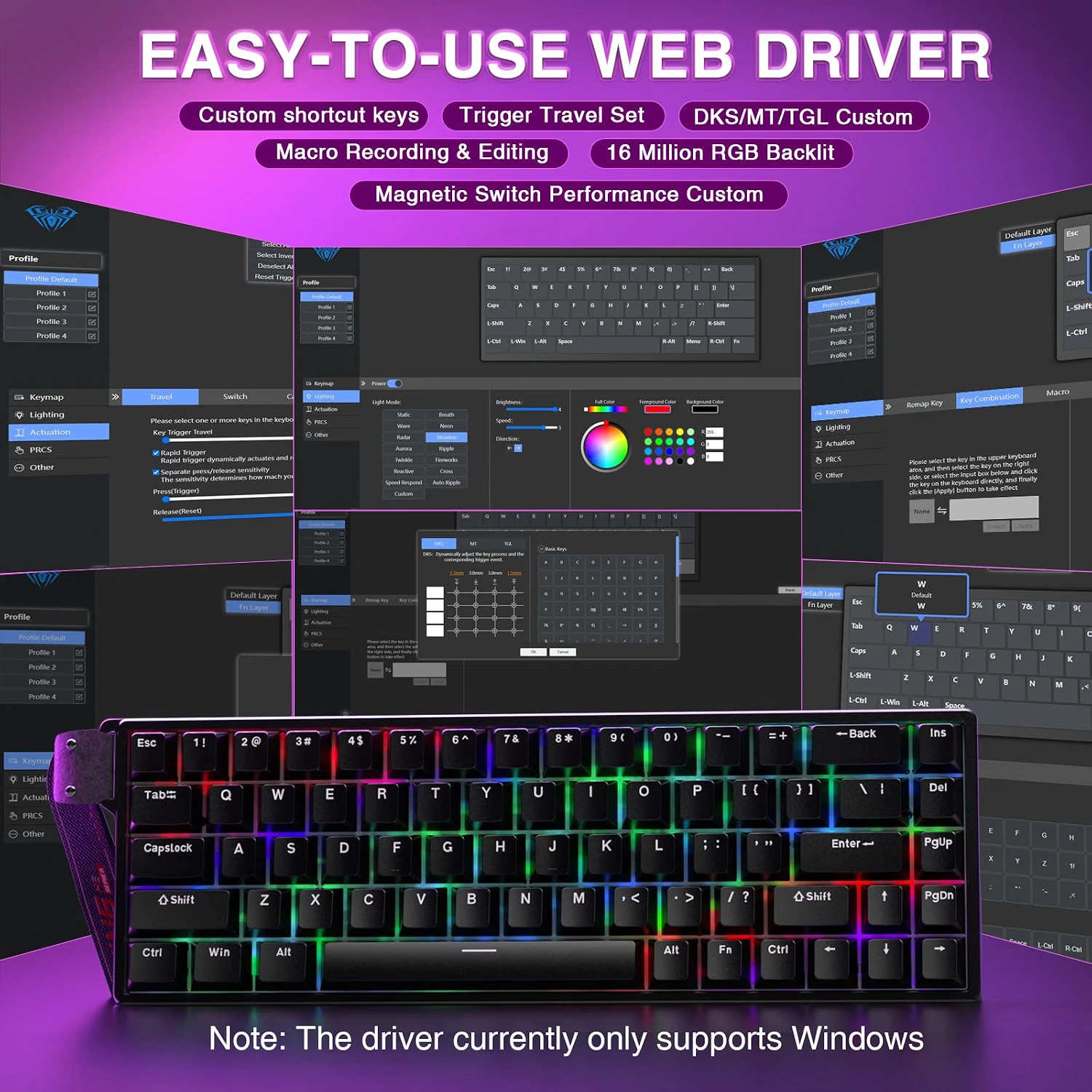 Screenshot of the easy-to-use web driver software for customizing AULA keyboard macros, trigger travel, and RGB lighting.