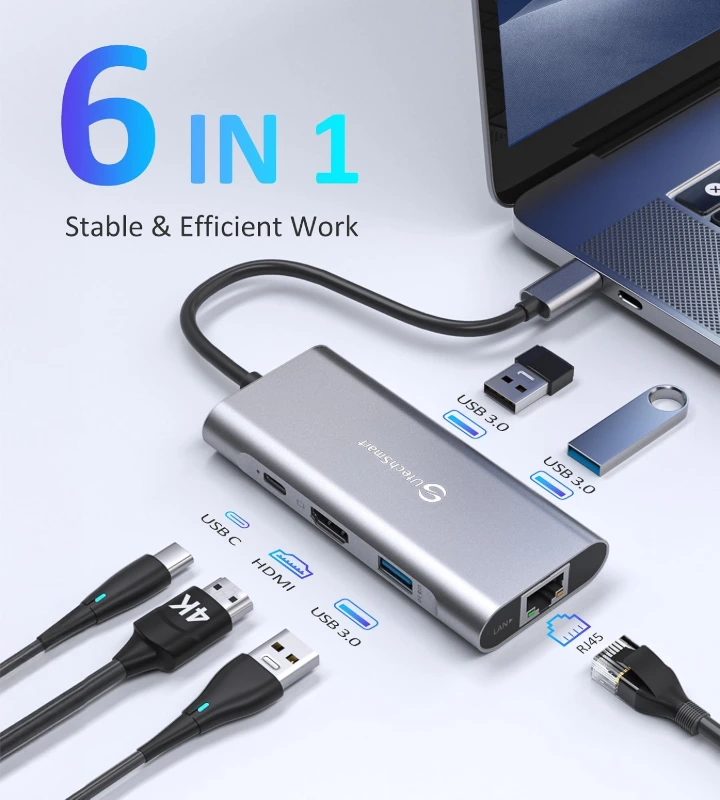 6-in-1 USB-C hub connected to a laptop with multiple port options like HDMI, USB 3.0, and Ethernet.