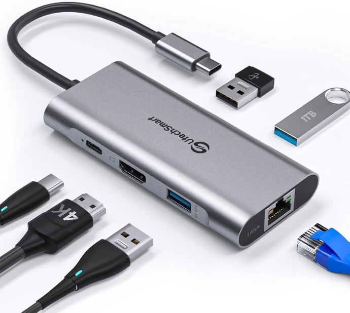UtechSmart USB-C multiport adapter displayed with HDMI, USB, and Ethernet cables.
