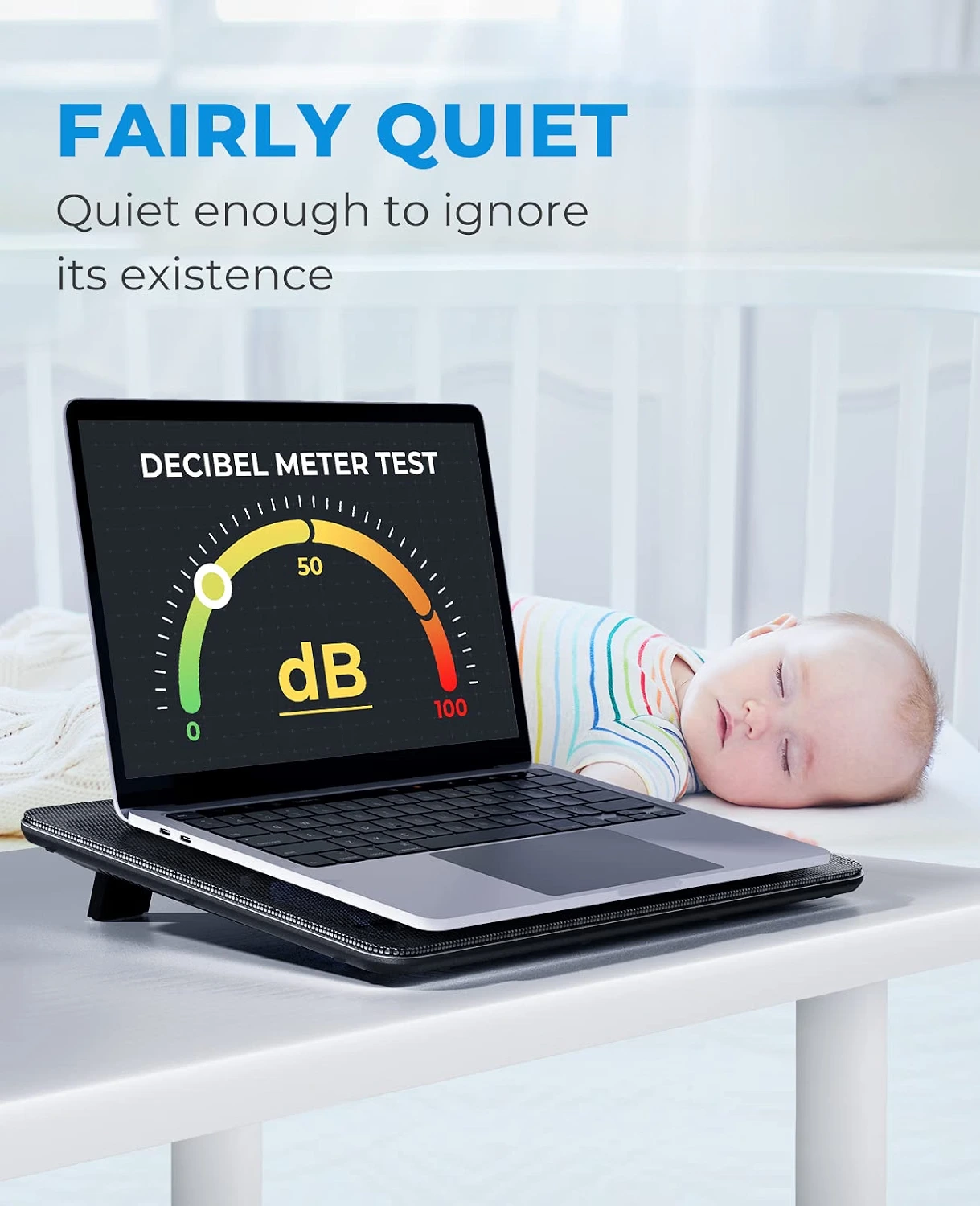 An internal view graphic highlighting "Good Air Flow," showing the three blue fans spinning at 1300 RPM with upward-pointing arrows illustrating how they improve air circulation to cool a laptop.