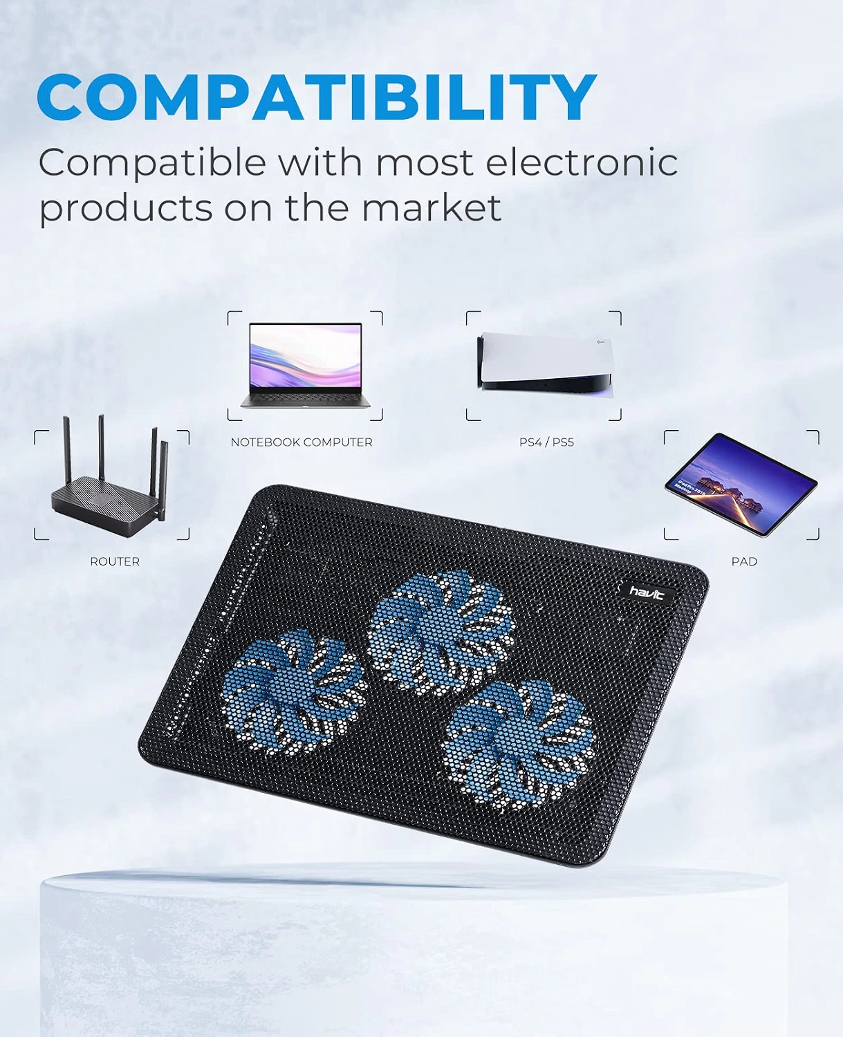 A "Compatibility" graphic showing the Havit cooling pad surrounded by icons indicating it can be used with a variety of electronics, including routers, notebook computers, PS4/PS5 consoles, and tablets.