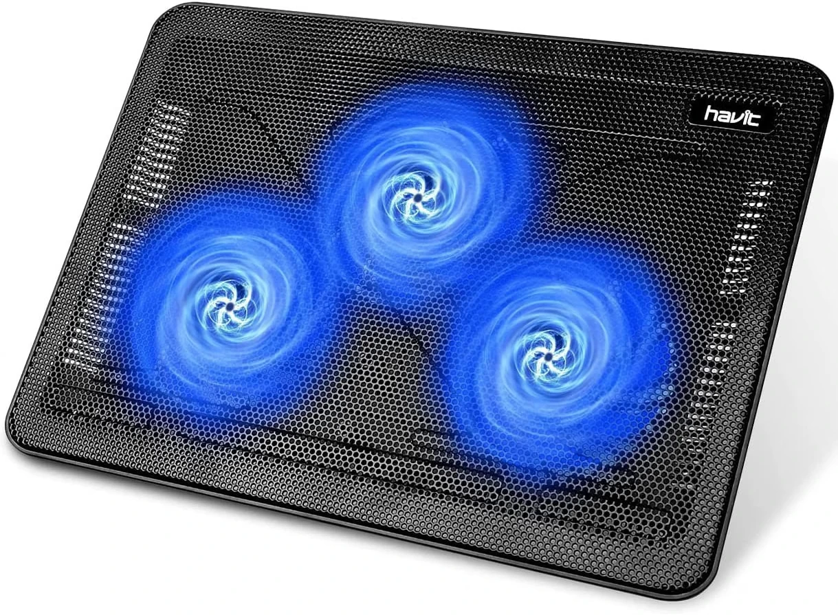 A Havit brand laptop cooling pad featuring a black metal mesh surface and three large, built-in fans illuminated with bright blue LED lights.