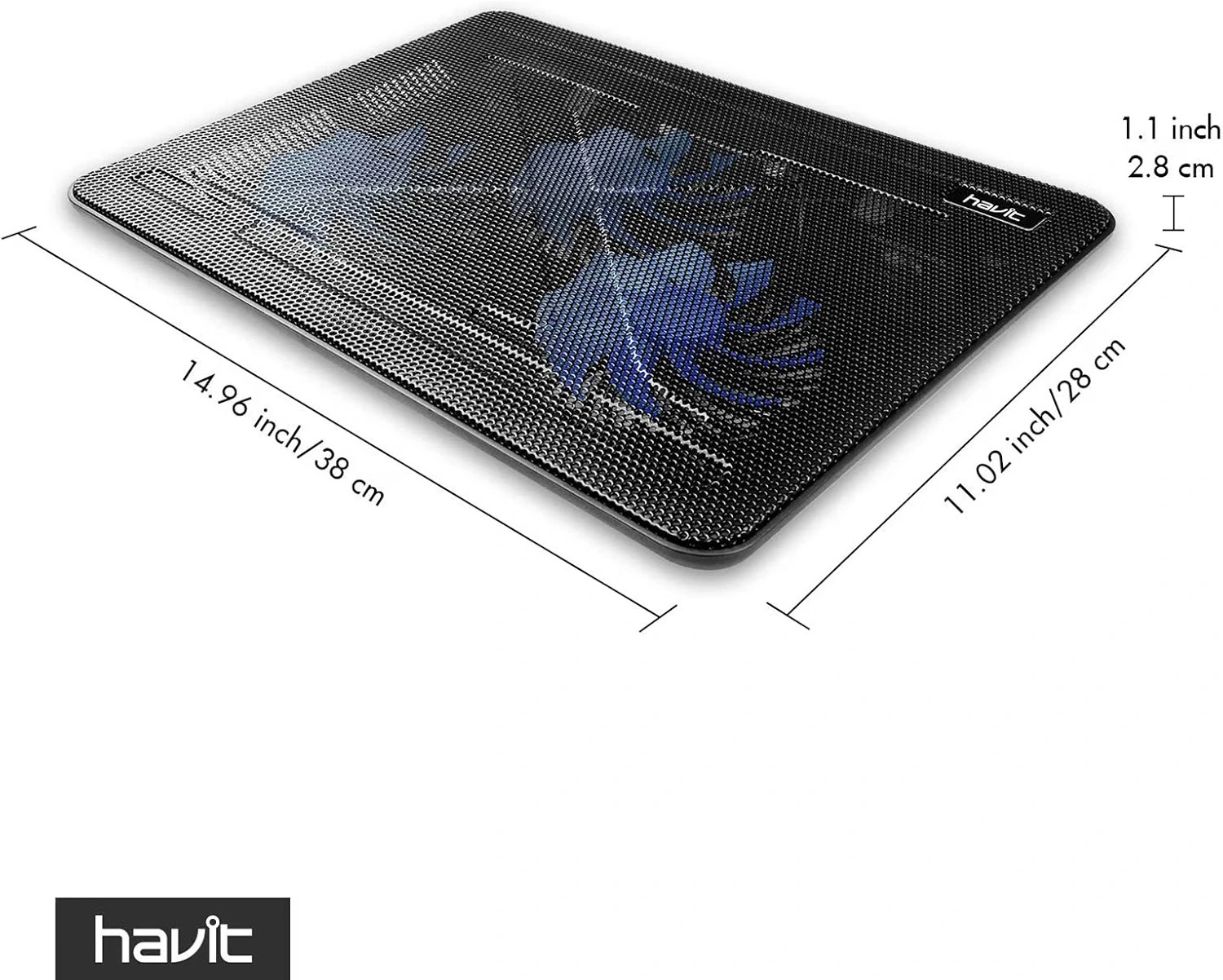 A product dimension diagram showing the Havit cooling pad is 14.96 inches (38 cm) long, 11.02 inches (28 cm) wide, and 1.1 inches (2.8 cm) thick.